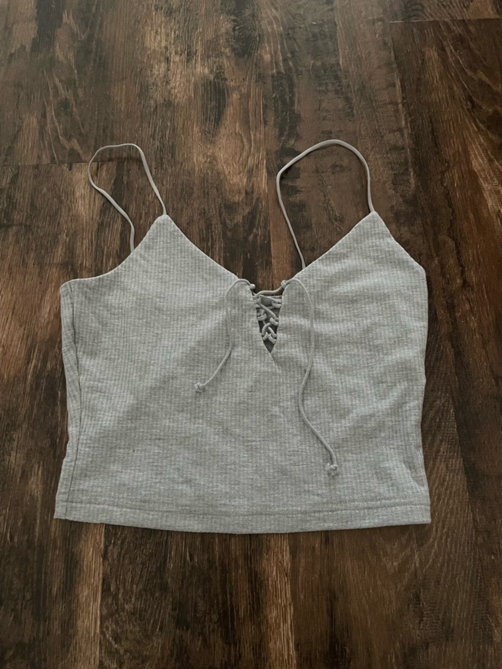 Grey Lace-Up Ribbed Cami Tank Top